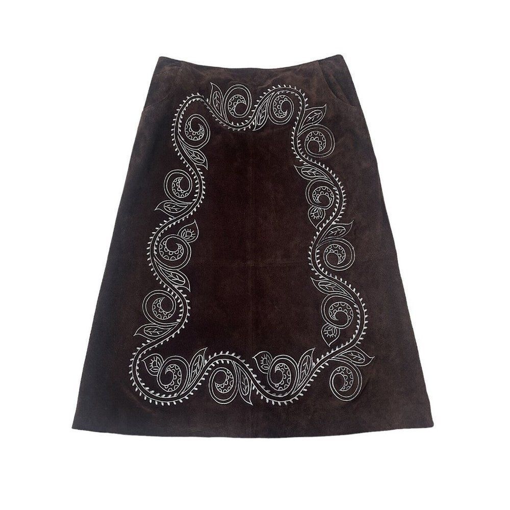 Vintage 2000’s I.N.C. International Concepts brown leather embroidered skirt